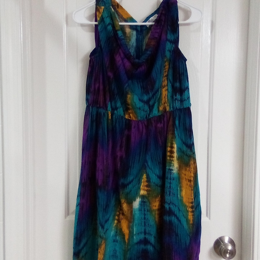 Cowl-Neck Tie-Dye Midi Dress in Teal, Purple & Gold